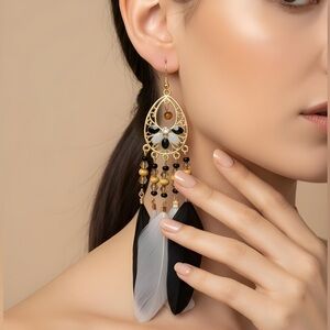 Elegant Gold, Black and White Feather Earrings